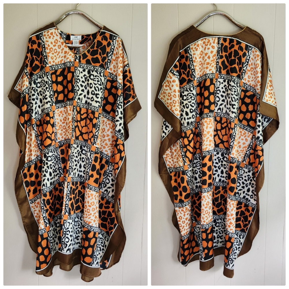 Shermarke Kaftan Mumu cover-up housedress patchwork animal print orange brown OS